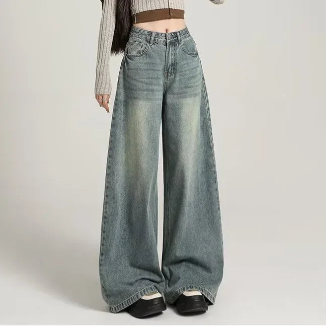 Grijze wide leg jeans dames – high waist spijkerbroek met stoere washed look