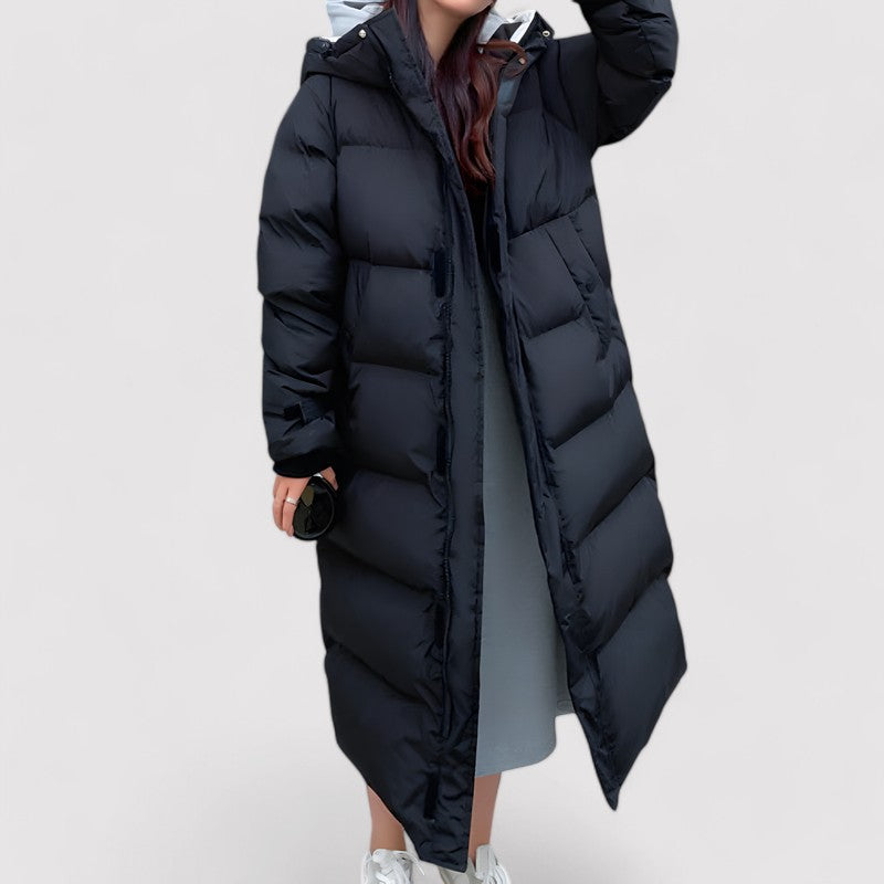 Lange zwarte dames winterjas – waterdichte gewatteerde puffer parka met capuchon
