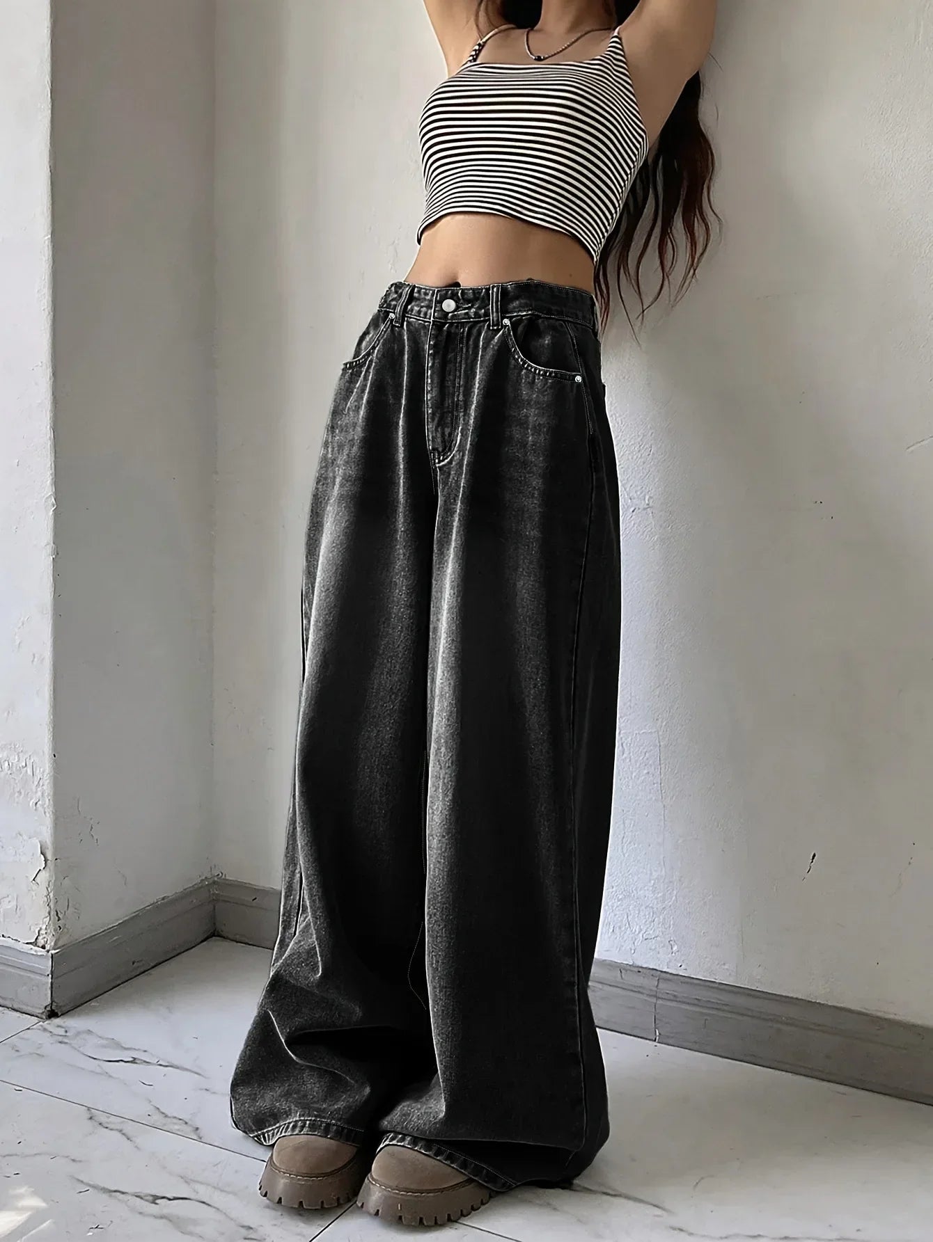 High waist wide leg jeans dames – trendy spijkerbroek in zwart & blauw