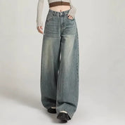Grijze wide leg jeans dames – high waist spijkerbroek met stoere washed look