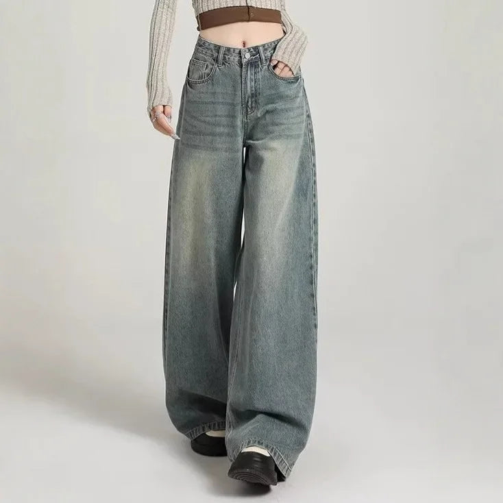 Grijze wide leg jeans dames – high waist spijkerbroek met stoere washed look