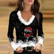 Mirelle kersttrui dames – V-hals trui met wijnglas print & fluffy kraag