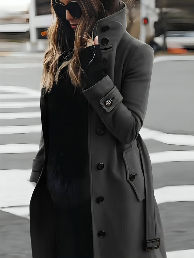 Dames trenchcoat met ceintuur – elegante lange jas met hoge kraag en A-lijn pasvorm