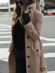 Dames trenchcoat met ceintuur – elegante lange jas met hoge kraag en A-lijn pasvorm