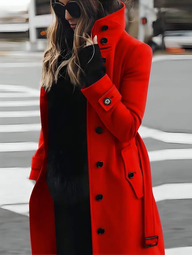 Dames trenchcoat met ceintuur – elegante lange jas met hoge kraag en A-lijn pasvorm