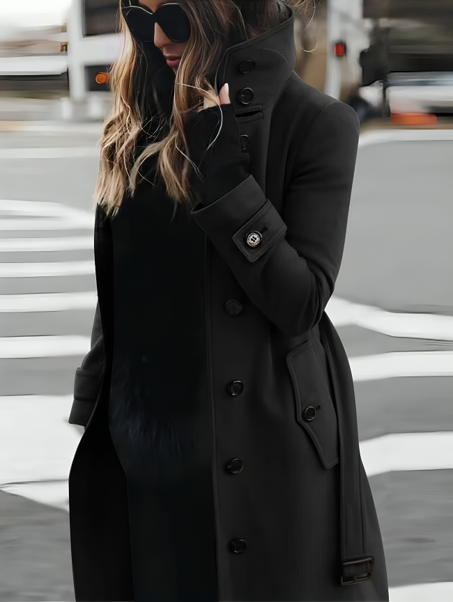 Dames trenchcoat met ceintuur – elegante lange jas met hoge kraag en A-lijn pasvorm