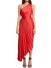 Delfina Geplooide Maxi-Jurk Dames – Elegante One-Shoulder Jurk met Schuine Kraag