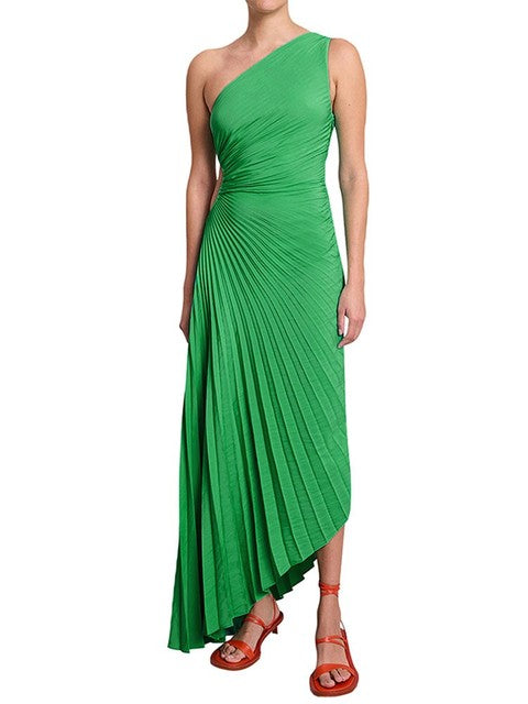 Delfina Geplooide Maxi-Jurk Dames – Elegante One-Shoulder Jurk met Schuine Kraag