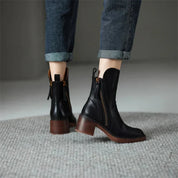 Enkellaarsjes dames met rits – elegante boots met blokhak en strikdetail achter