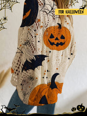 Halloween Top Dames – Off-Shoulder Gebreide Top met Pompoenprint