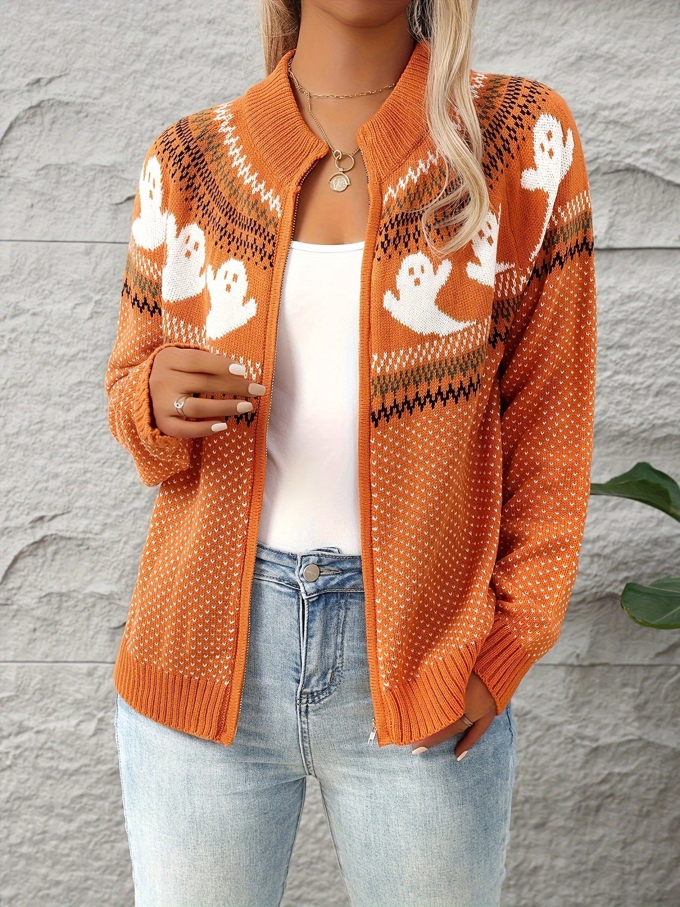 Halloween Vest Dames – Gebreid Vest met Rits & Spookjesprint