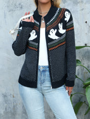 Halloween Vest Dames – Gebreid Vest met Rits & Spookjesprint