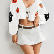 Halloween Vest Dames – Gebreid V-Hals Vest met Geborduurde Motieven