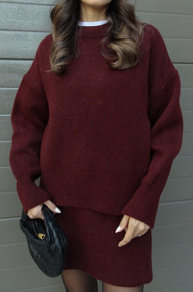 Herfst winter set dames – trui met bijpassende rok in bordeaux
