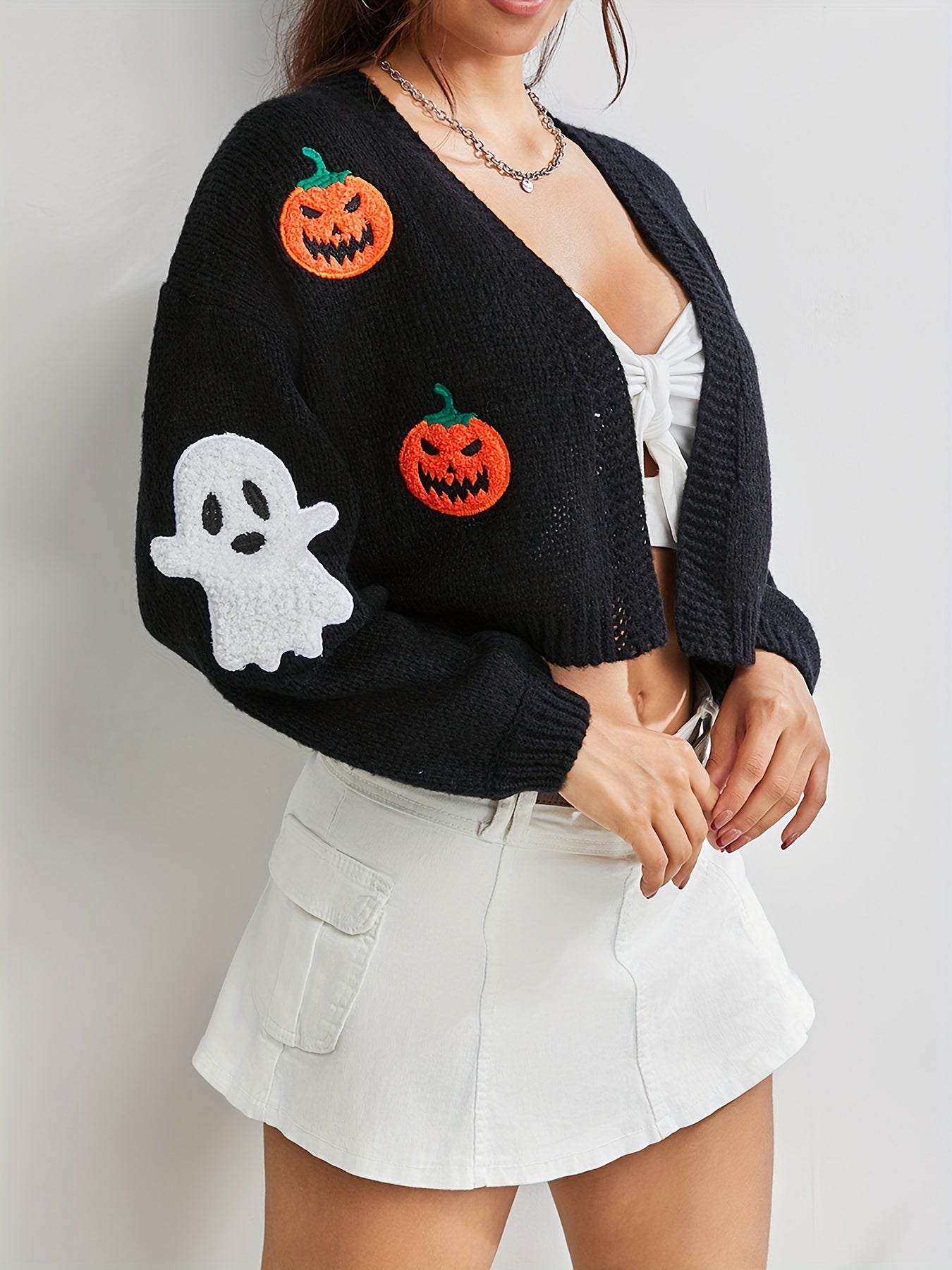 Halloween Vest Dames – Gebreid V-Hals Vest met Geborduurde Motieven