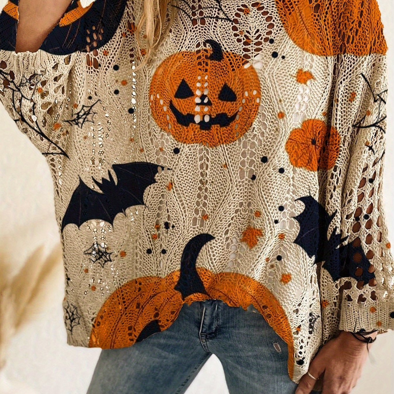 Halloween Top Dames – Off-Shoulder Gebreide Top met Pompoenprint