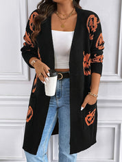 Halloween Cardigan Dames – Lange Gebreide Vest met Pompoenpatroon