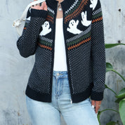 Halloween Vest Dames – Gebreid Vest met Rits & Spookjesprint