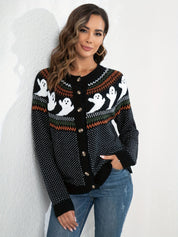 Lang Gebreid Vest Dames – Halloween Vest met Knopen en Spookjesprint