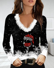 Mirelle kersttrui dames – V-hals trui met wijnglas print & fluffy kraag