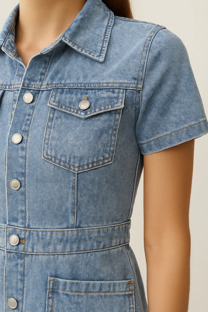Eva blauwe denim jurk met knoopsluiting en korte mouwen – stoer & vrouwelijk