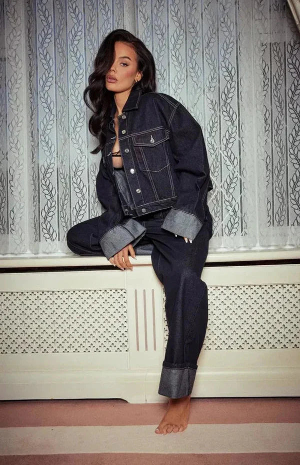 GEMMA dames denim set – chique co-ord met top & broek in blauw