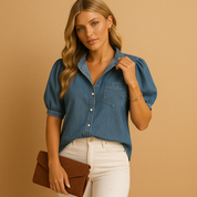 Hannah dames blouse | Klassieke denim blouse met knoopsluiting | Getailleerde pasvorm