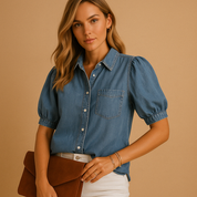 Hannah dames blouse | Klassieke denim blouse met knoopsluiting | Getailleerde pasvorm