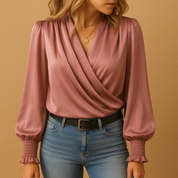 Lange mouwen dames top met V-hals – stijlvolle blouse voor werk of casual look