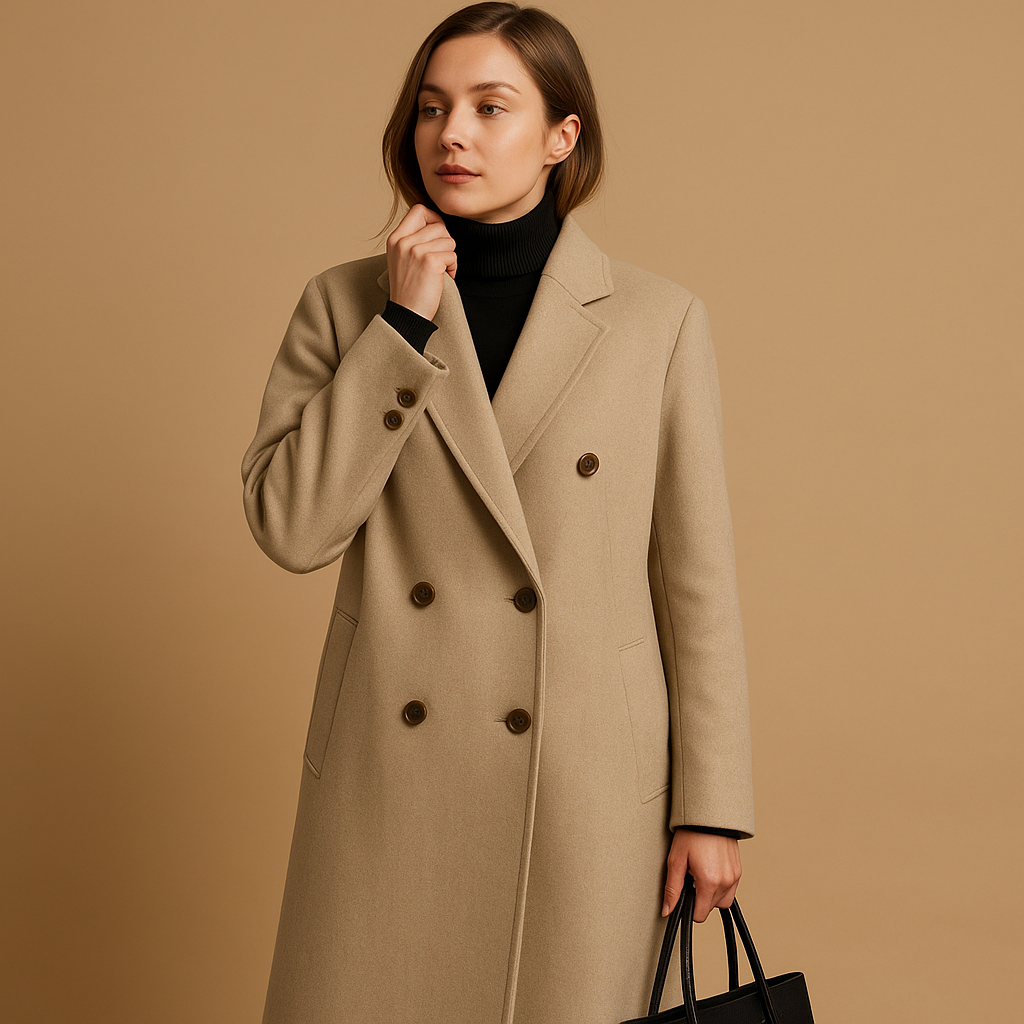 Lange trenchcoat dames – Evelien getailleerde jas met dubbele rij knopen