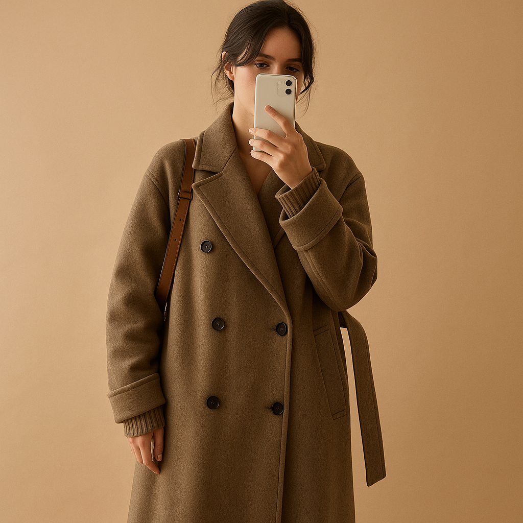 Lange trenchcoat dames – Evelien getailleerde jas met dubbele rij knopen