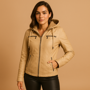 Leren jas dames met capuchon – Anouk getailleerde jas in zwart & neutrale tinten