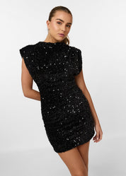 Schouder Gewatteerde Pailletten Mini Jurk – Statement Partyjurk met Luxe Sprankeling