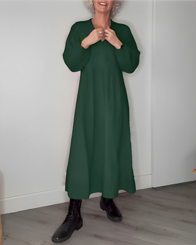 Amanda dames lange jurk – flatterende V-hals jurk met lange mouwen voor winter en feestelijke gelegenheden
