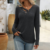 Effen Casual Damesblouse – V-Hals Blouse met Knoopdetails en Lange Mouwen