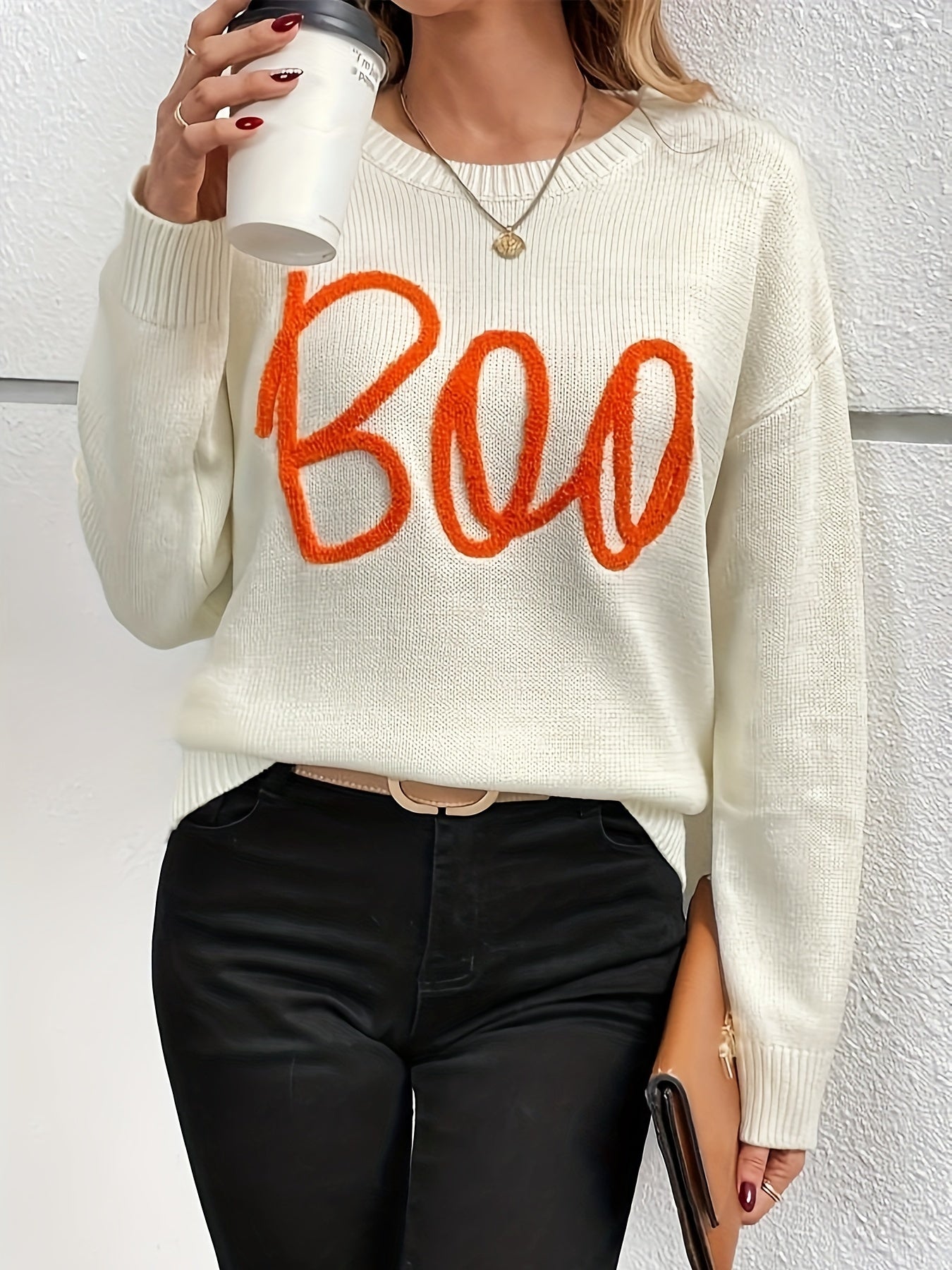 Halloween Trui Dames – Casual Gebreide Trui met ‘Boo’ Tekst
