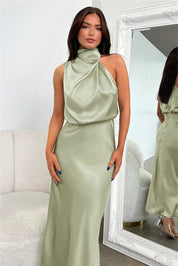 Amelie satijnen halterjurk dames – elegante midi-jurk met watervalhals
