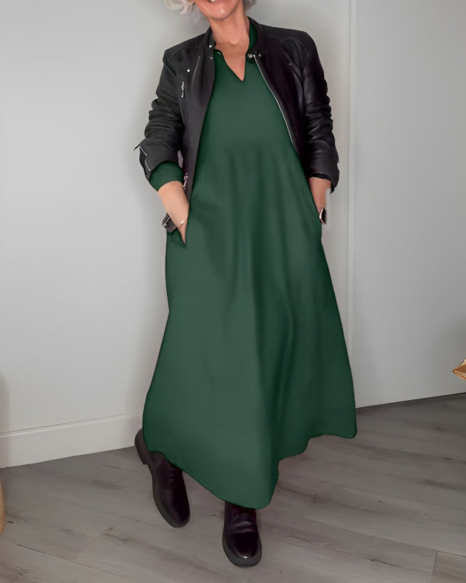 Amanda dames lange jurk – flatterende V-hals jurk met lange mouwen voor winter en feestelijke gelegenheden
