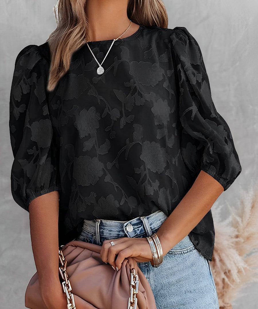 Blouse met Pofmouwen Dames – Witte Chiffon Top met Bloemen & Ronde Hals | Fiona