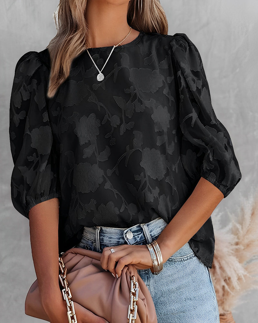 Blouse met Pofmouwen Dames – Witte Chiffon Top met Bloemen & Ronde Hals | Fiona