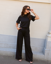 JULIE dames pantalon tall – zwarte wide leg broek met elastische taille
