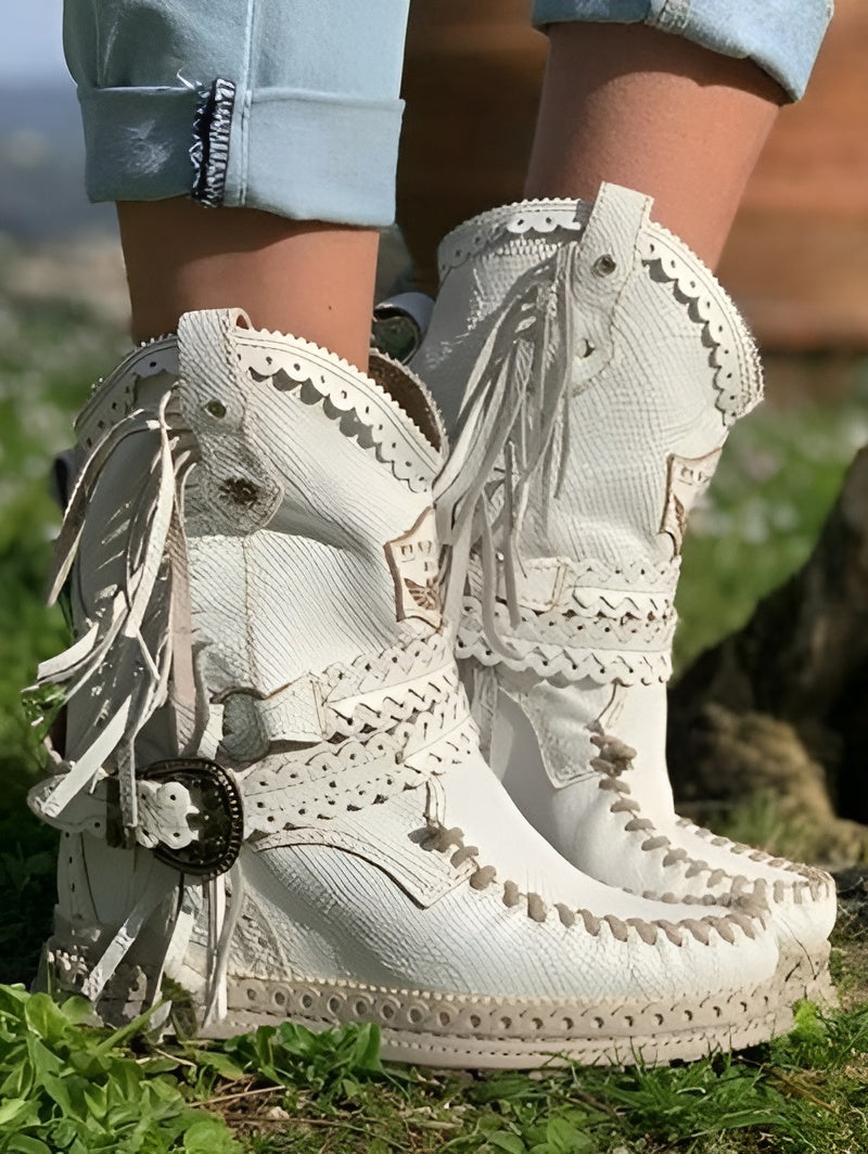 Boho dames westernlaarzen – suède laarzen met franjes & comfortabele fit