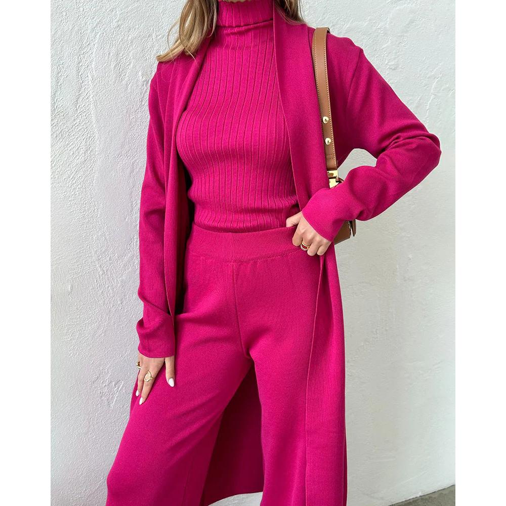 Roxy 3-delige co-ord set dames – gebreide cardigan, coltrui & wijde broek