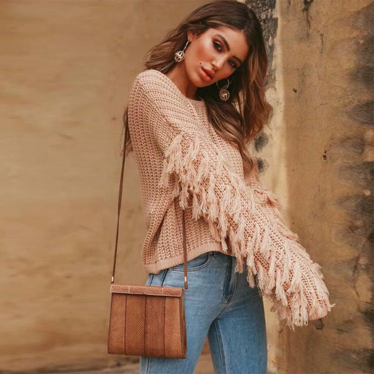 Dames sweatshirt – chunky knit met franje mouwen & relaxed fit