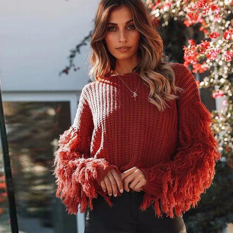 Dames sweatshirt – chunky knit met franje mouwen & relaxed fit