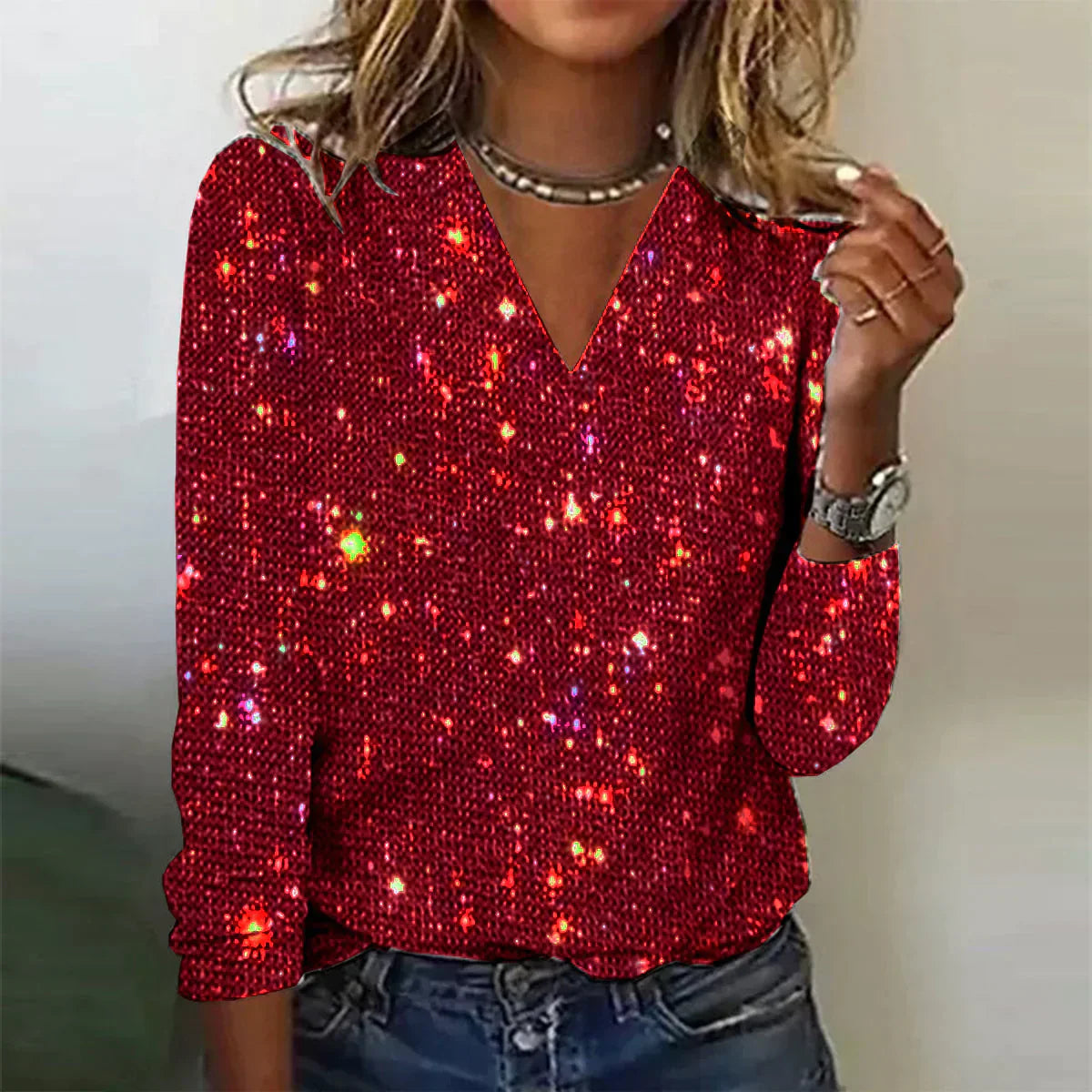 Glanzende dames trui met V-hals – elegant & feestelijk design