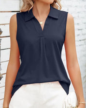 Mouwloze dames blouse Rina – elegante zomerblouse met kraag & O-hals