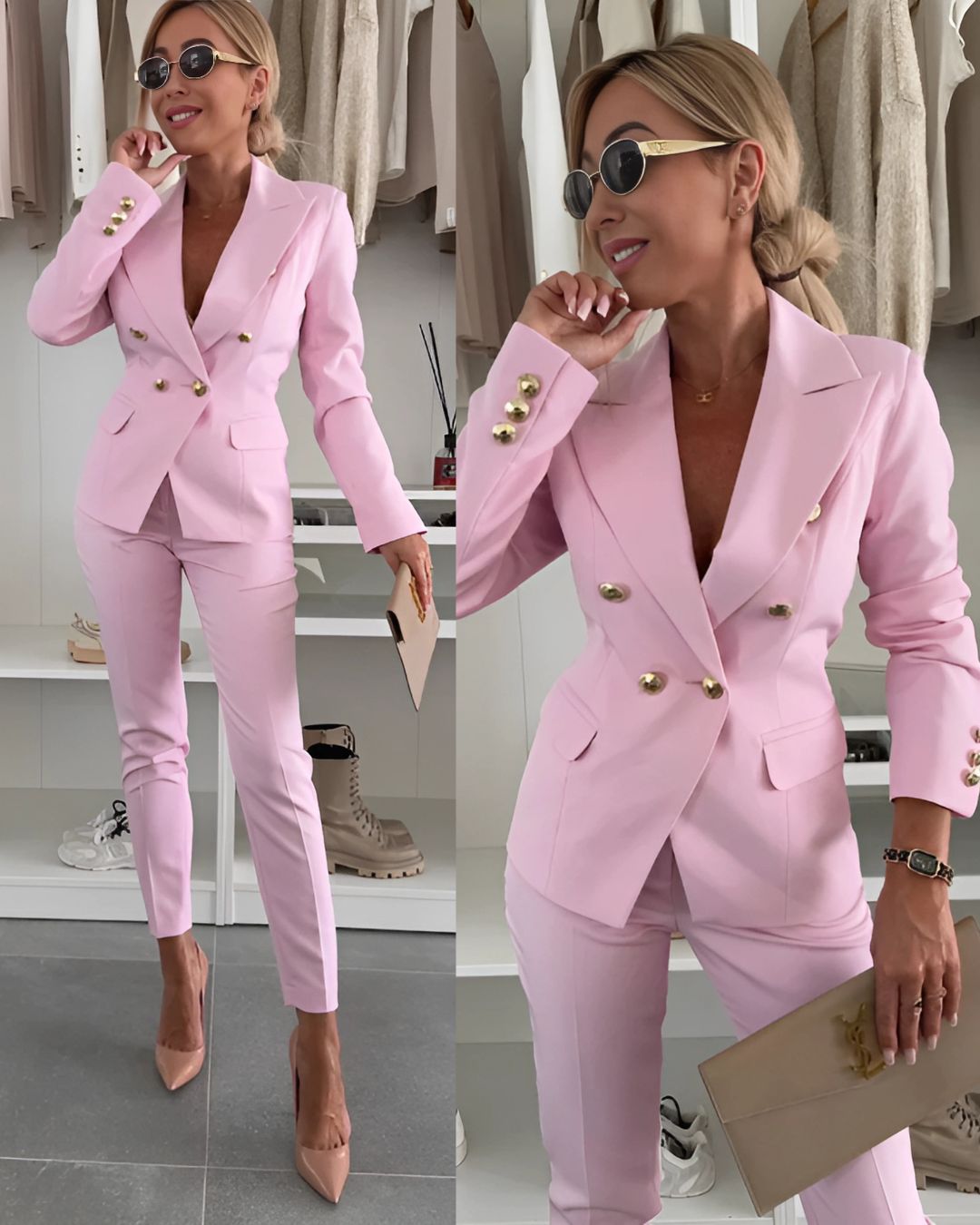 Dames double-breasted pak – elegant broekpak met metallic knopen en tailored fit