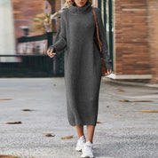 Gebreide Midi-Jurk Dames – Jurk met Col, Lange Mouwen en Elegante Pasvorm