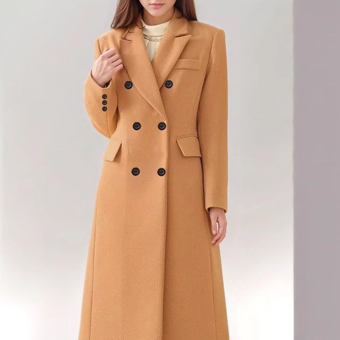 Wollen Lange Mantel Dames – Elegante Wijnrode Jas met Dubbele Knopen & Reverskraag
